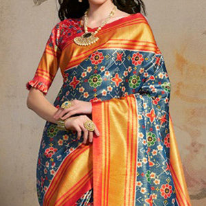 Glowing Blue Colored Festive Wear Printed Silk Blend Saree With Tassels