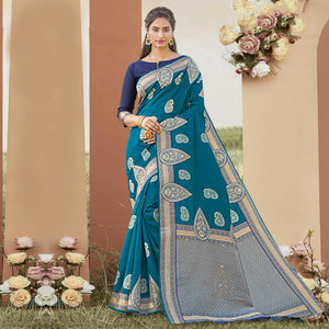 Glowing Blue Colored Festive Wear Woven Silk Saree