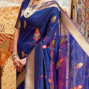 Glowing Blue Colored Partywear Printed Linen Saree