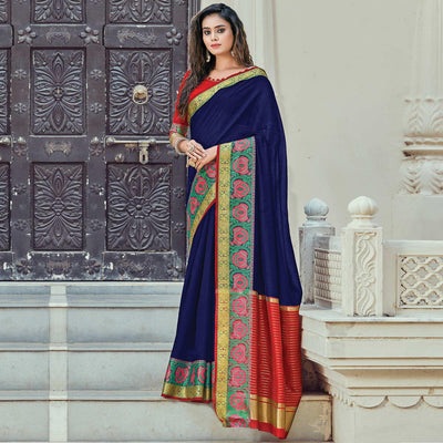 Glowing Blue Coloured Casual Wear Woven Cotton Handloom Saree