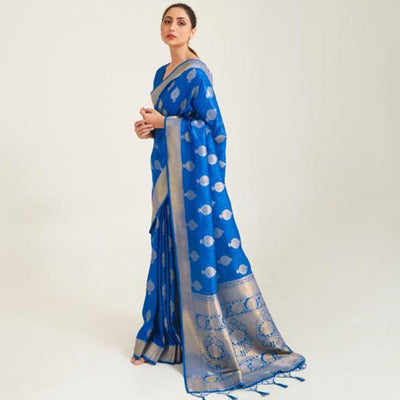 Glowing Blue Coloured Festive Wear Handloom Woven Silk Saree
