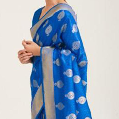 Glowing Blue Coloured Festive Wear Handloom Woven Silk Saree
