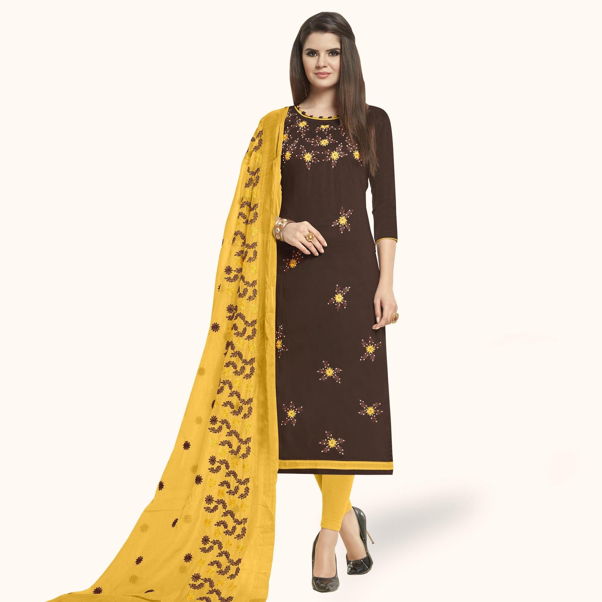 Glowing Brown Colored Casual Wear Embroidered Cotton Dress Material