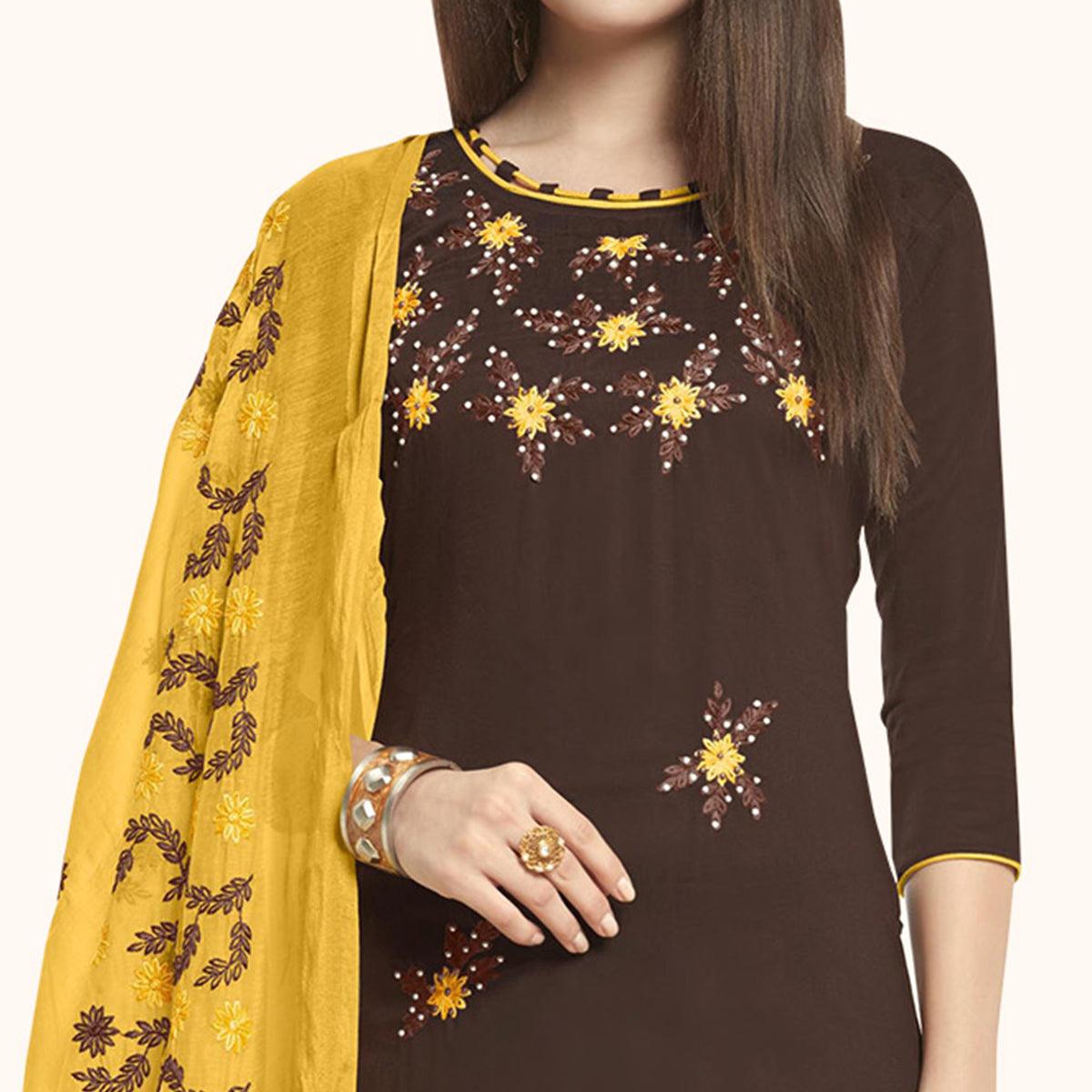 Glowing Brown Colored Casual Wear Embroidered Cotton Dress Material