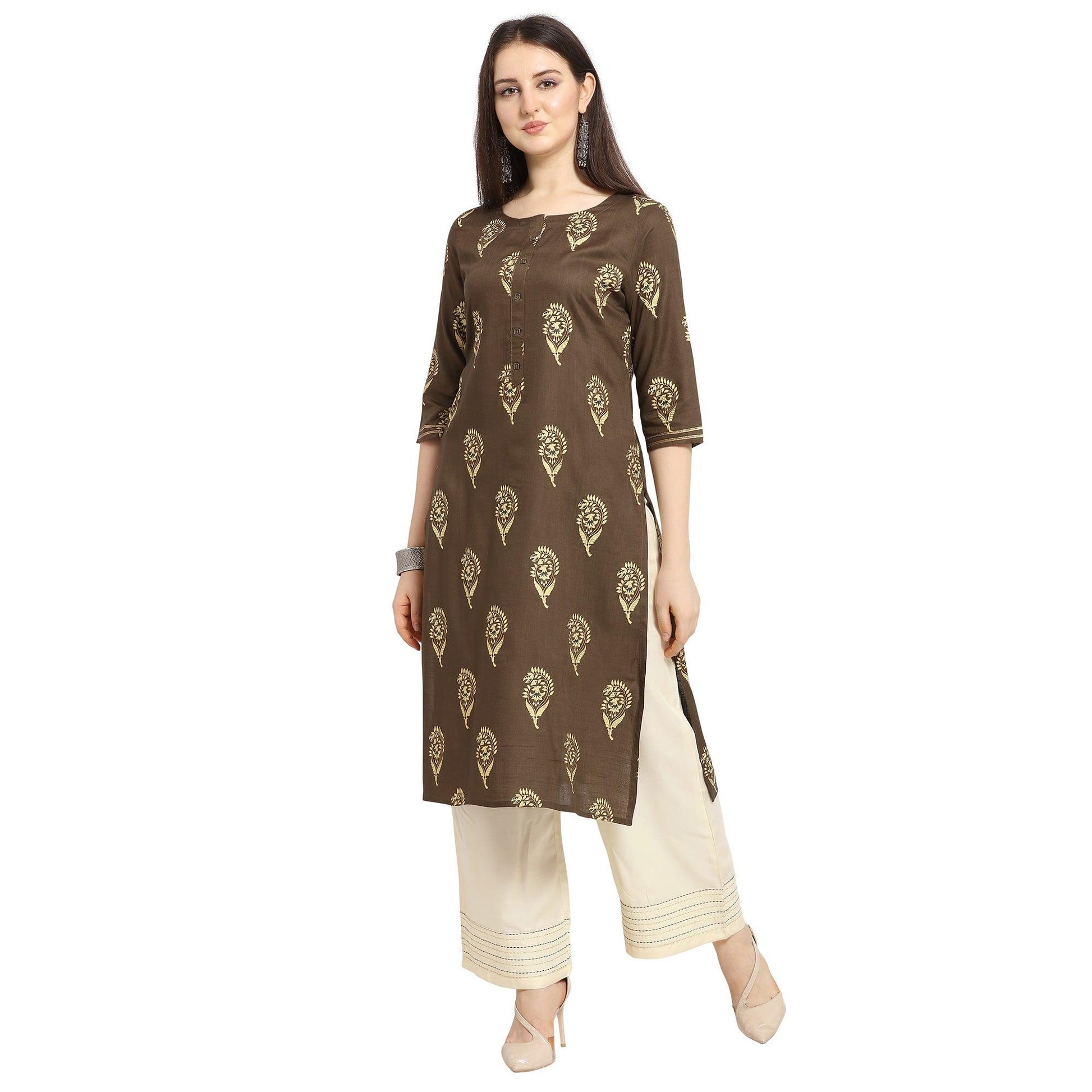 Glowing Brown Colored Casual Wear Printed Cotton Kurti-Palazzo Suit