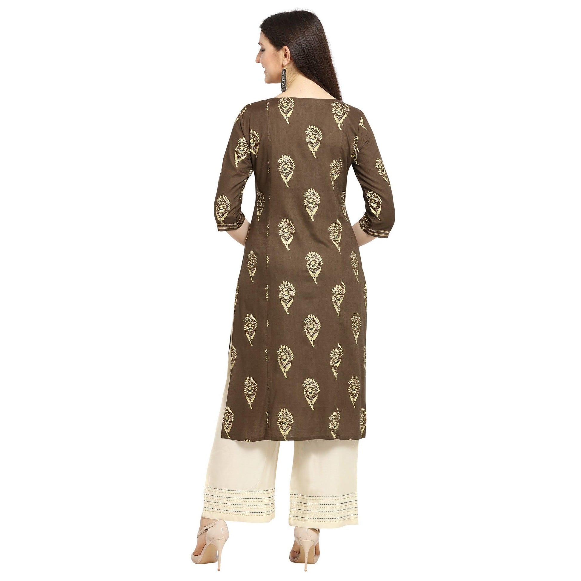 Glowing Brown Colored Casual Wear Printed Cotton Kurti-Palazzo Suit