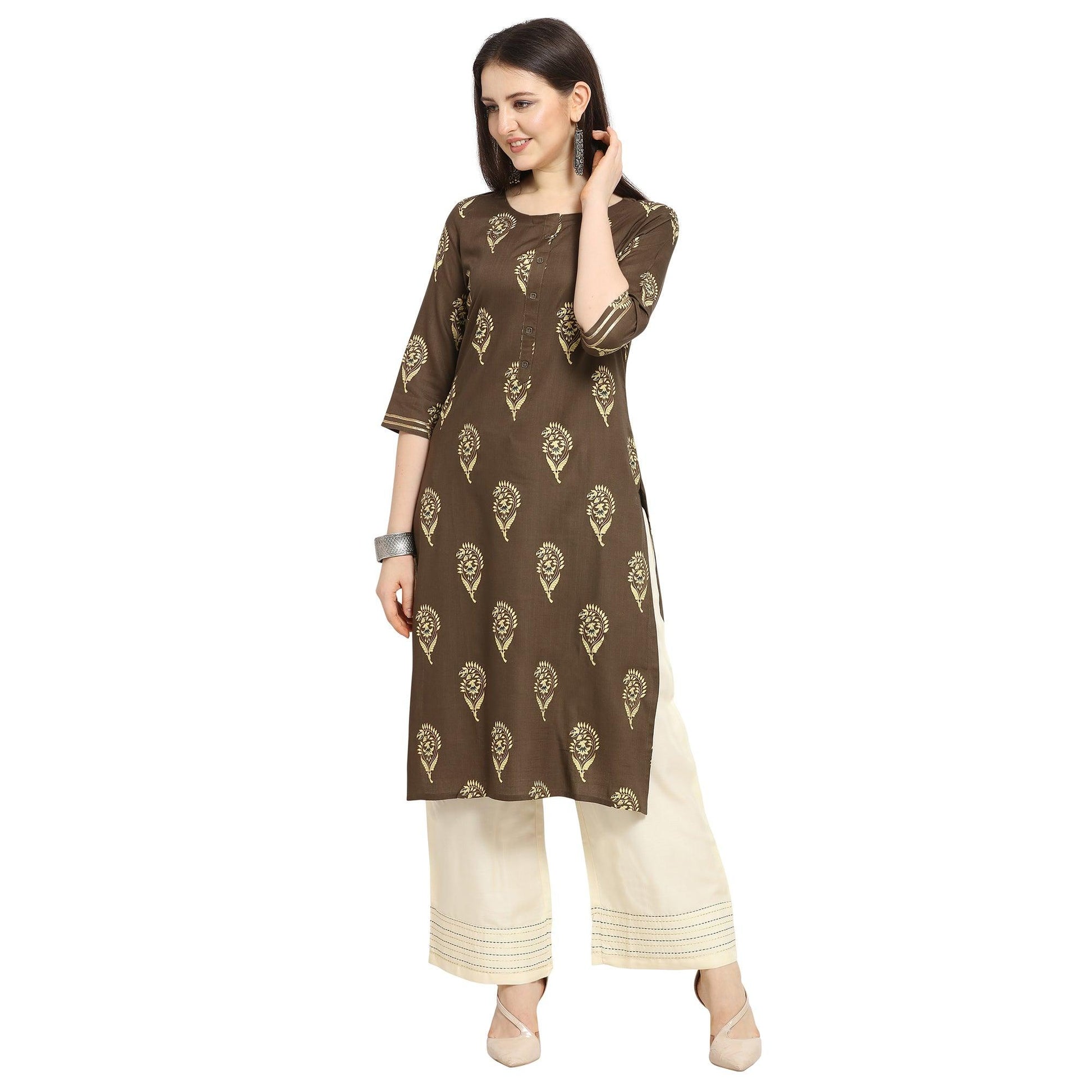 Glowing Brown Colored Casual Wear Printed Cotton Kurti-Palazzo Suit