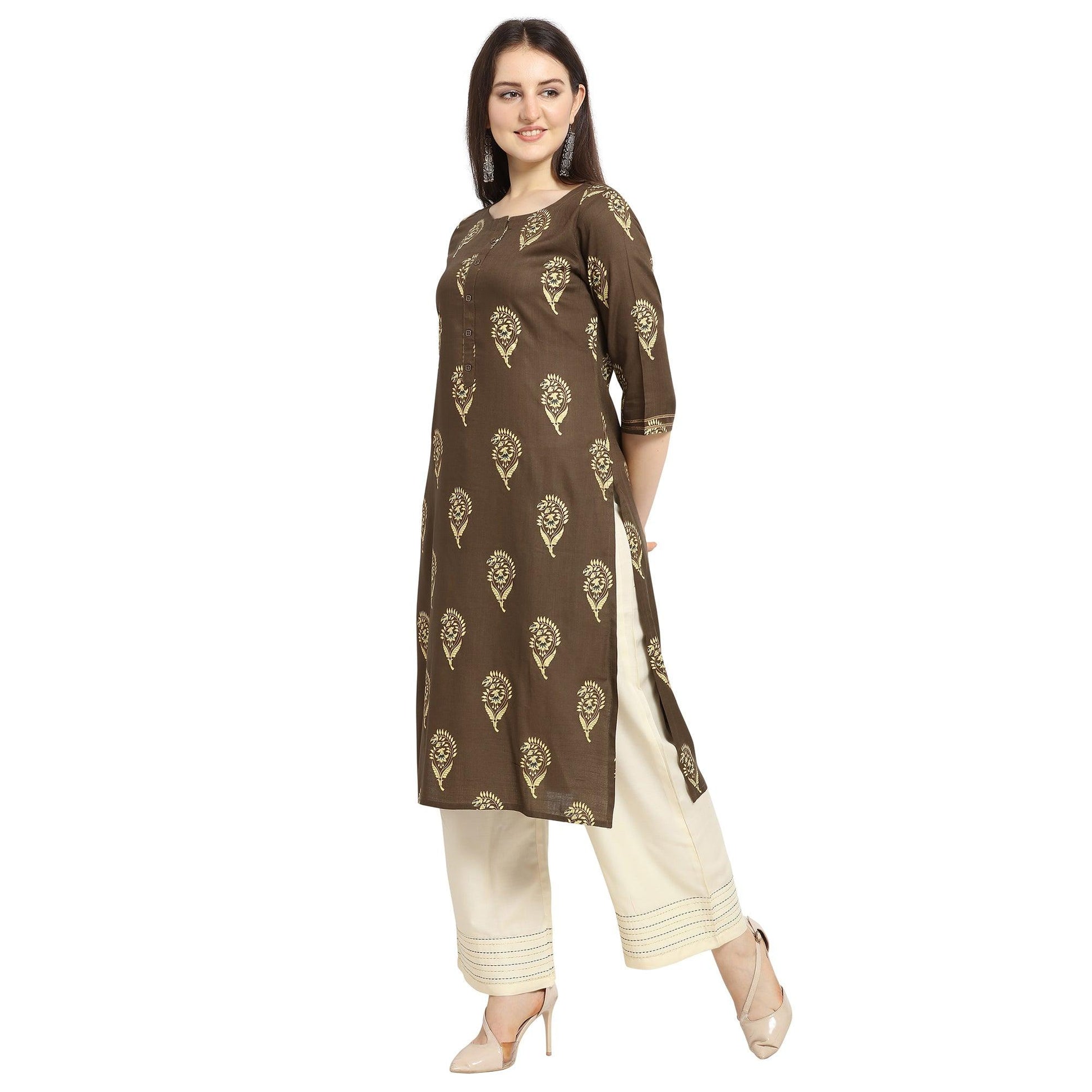 Glowing Brown Colored Casual Wear Printed Cotton Kurti-Palazzo Suit