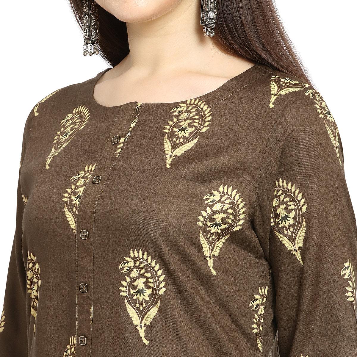 Glowing Brown Colored Casual Wear Printed Cotton Kurti-Palazzo Suit