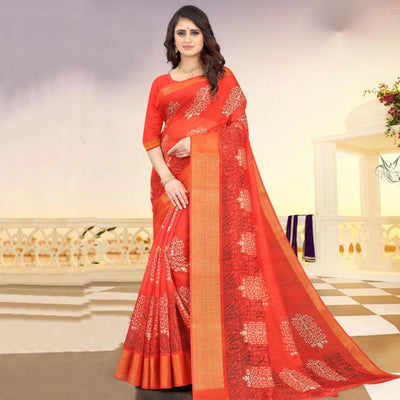 Glowing Casual Wear Peach Coloured Digital Kalamkari Printed Cotton Saree