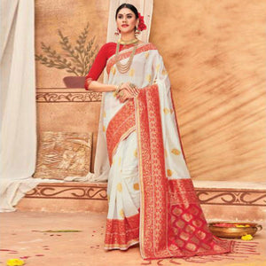 Glowing Cream & Red Colored Festive Wear Woven Silk Blend Saree With Tassels