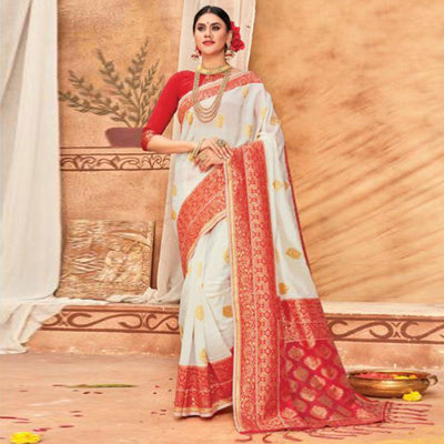 Glowing Cream & Red Colored Festive Wear Woven Silk Blend Saree With Tassels