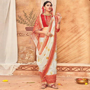Glowing Cream & Red Colored Festive Wear Woven Silk Blend Saree With Tassels