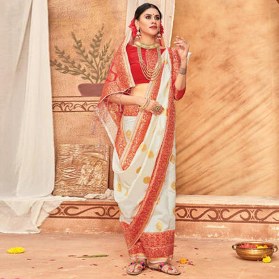 Glowing Cream & Red Colored Festive Wear Woven Silk Blend Saree With Tassels