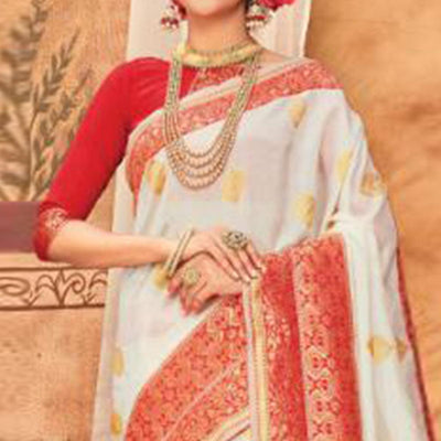 Glowing Cream & Red Colored Festive Wear Woven Silk Blend Saree With Tassels