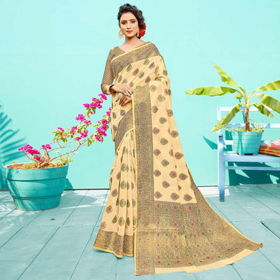Glowing Cream Festive Wear Woven Designer Silk Saree