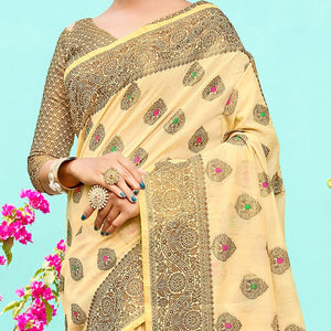 Glowing Cream Festive Wear Woven Designer Silk Saree