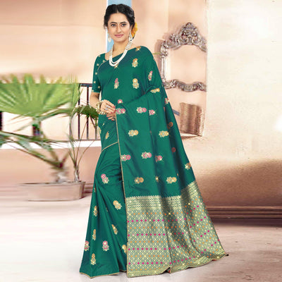 Glowing Dark Green Colored Festive Wear Woven Banarasi Silk Saree