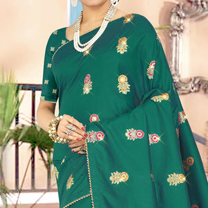 Glowing Dark Green Colored Festive Wear Woven Banarasi Silk Saree