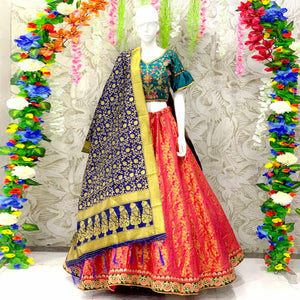 Glowing Dark Pink Colored Designer Wedding Wear Woven Banarasi Silk Lehenga Choli