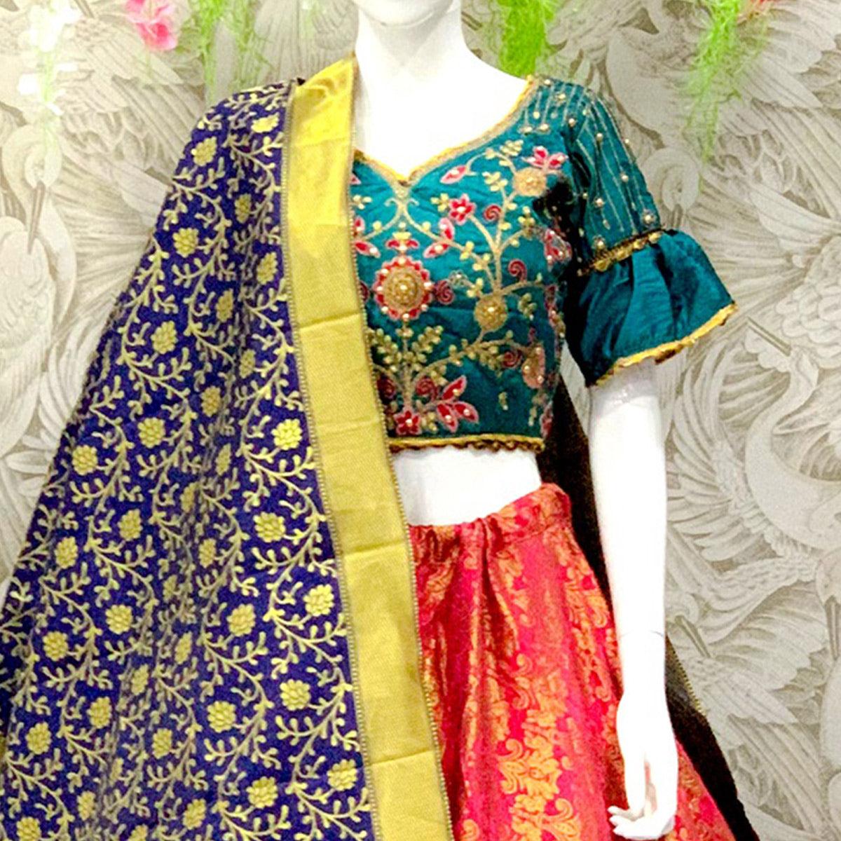 Glowing Dark Pink Colored Designer Wedding Wear Woven Banarasi Silk Lehenga Choli