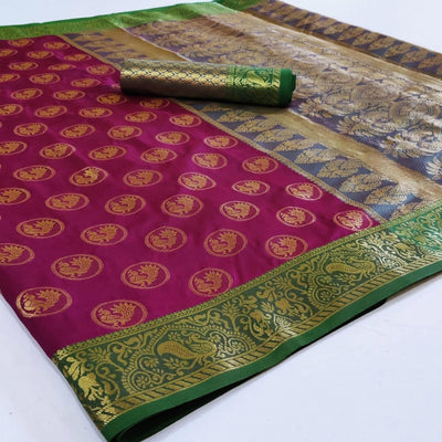 Glowing Dark Purple Colored Festive Wear Woven Heavy Silk Saree