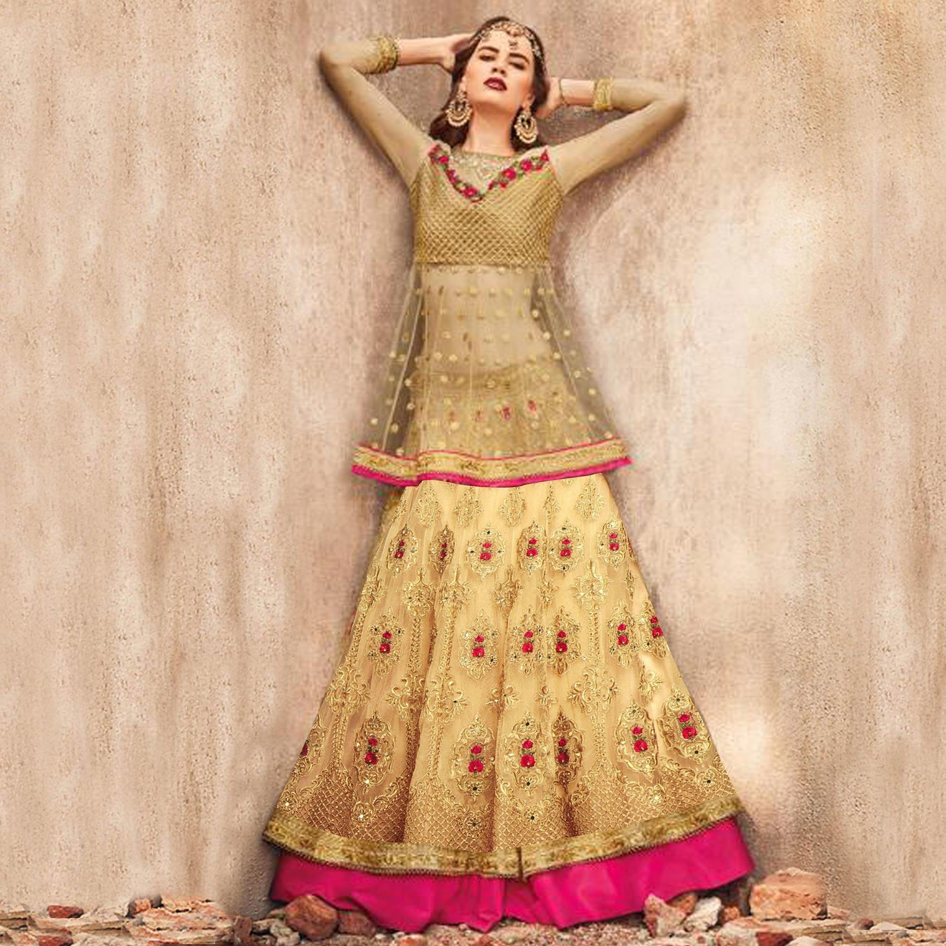 Glowing Golden-Pink Colored Party Wear Embroidered Net Lehenga Choli