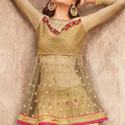 Glowing Golden-Pink Colored Party Wear Embroidered Net Lehenga Choli
