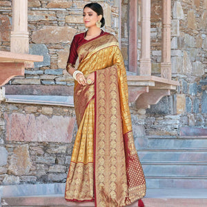 Glowing Golden-Yellow Colored Festive Wear Woven Silk Sareee