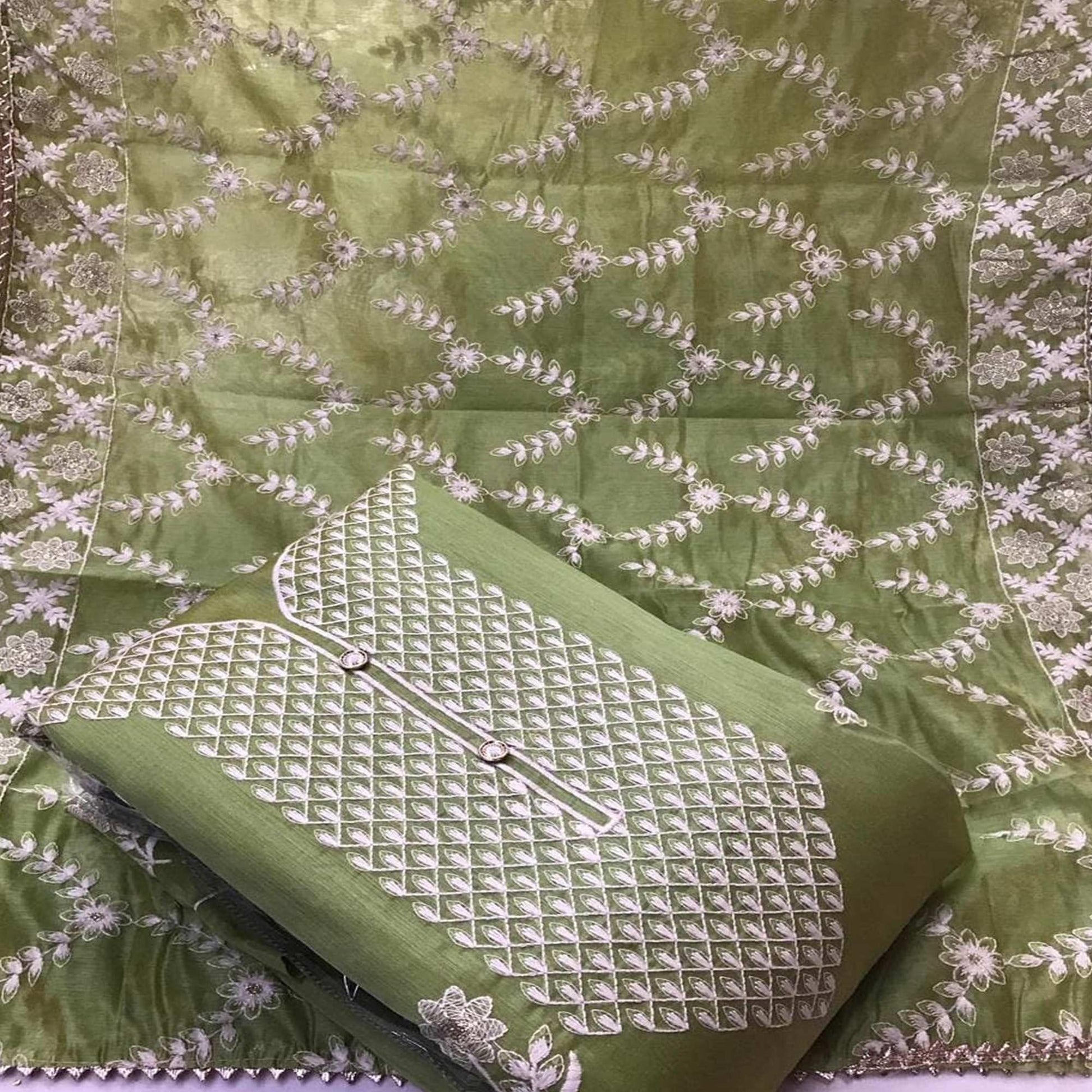 Glowing Green Colored Casual Wear Embroidered Chanderi Dress Material