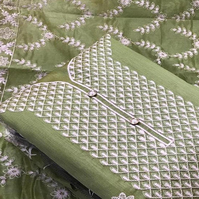 Glowing Green Colored Casual Wear Embroidered Chanderi Dress Material