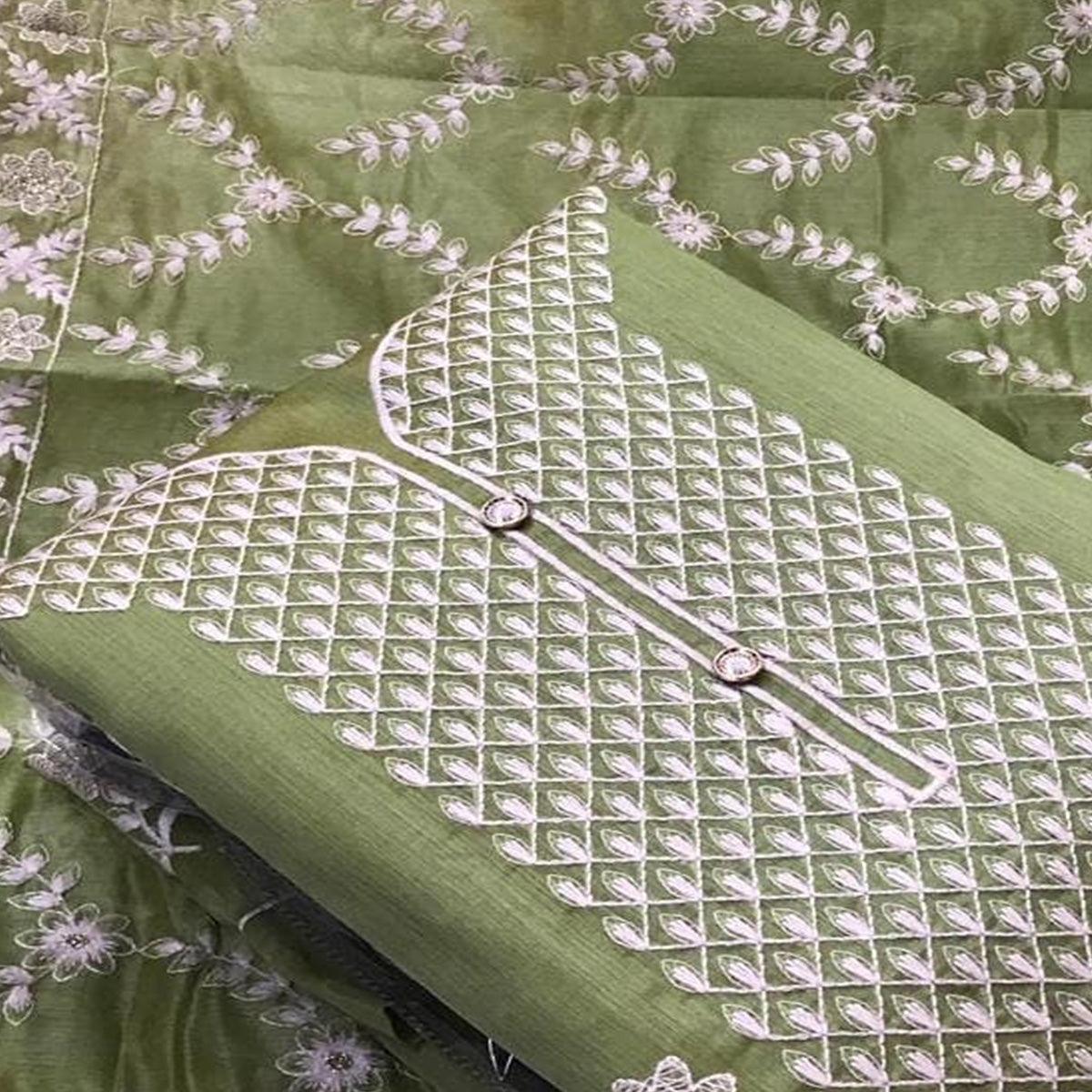 Glowing Green Colored Casual Wear Embroidered Chanderi Dress Material