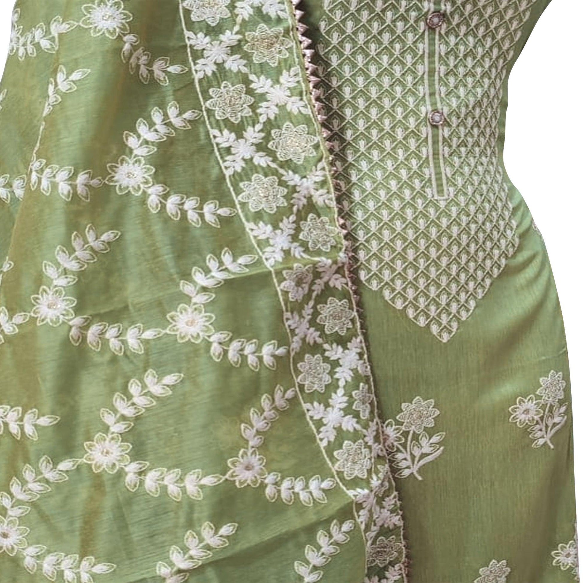 Glowing Green Colored Casual Wear Embroidered Chanderi Dress Material