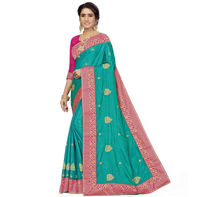 Glowing Green Colored Festive Wear Embroidered Sana Silk Saree