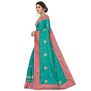 Glowing Green Colored Festive Wear Embroidered Sana Silk Saree