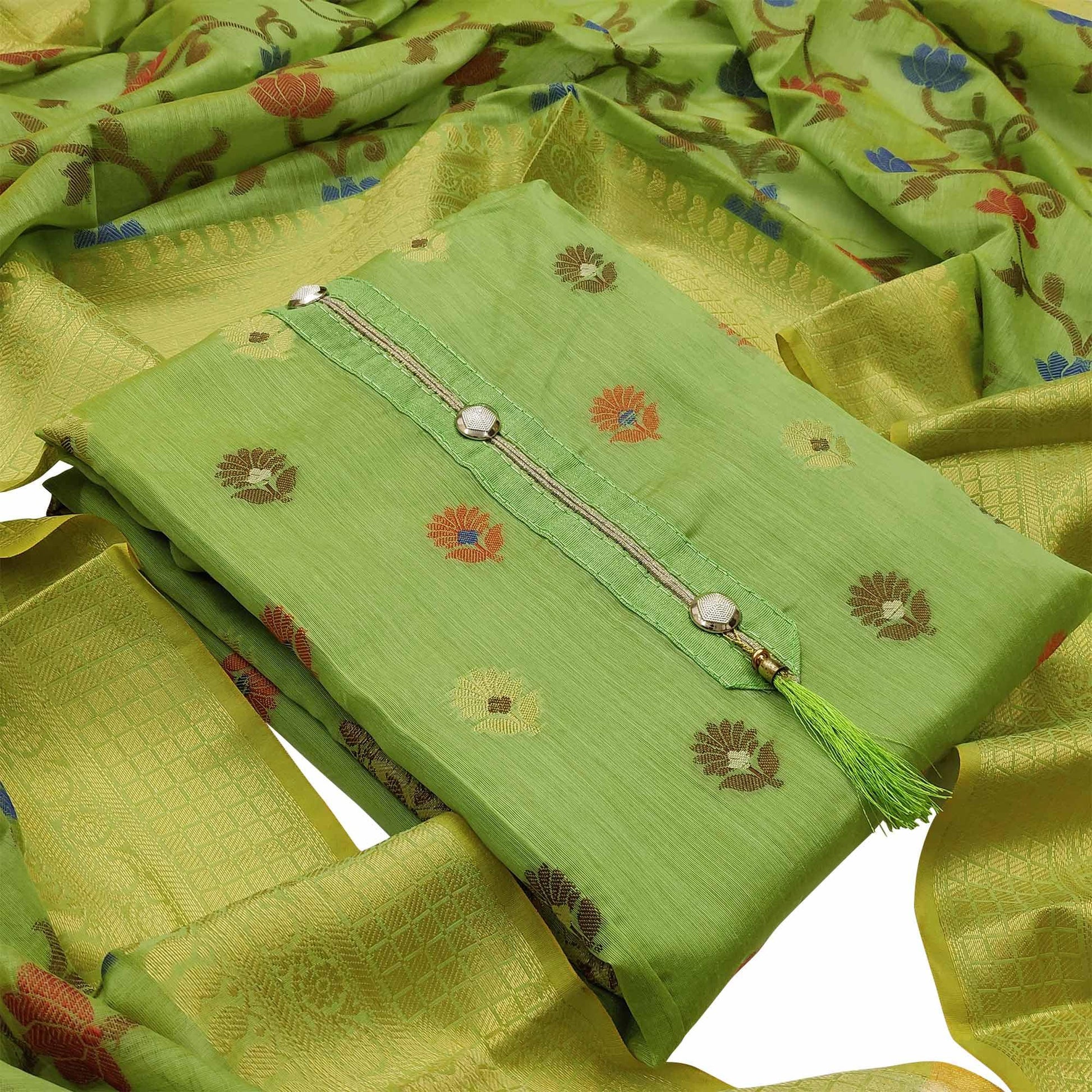 Glowing Green Colored Festive Wear Woven Heavy Banarasi Silk Dress Material