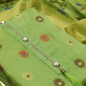 Glowing Green Colored Festive Wear Woven Heavy Banarasi Silk Dress Material