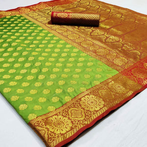 Glowing Green Colored Festive Wear Woven Heavy Silk Saree