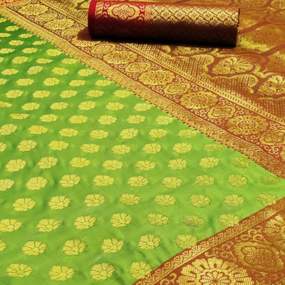Glowing Green Colored Festive Wear Woven Heavy Silk Saree