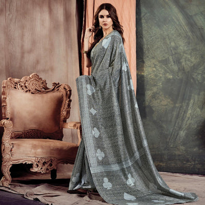 Glowing Grey Colored Casual Printed Bhagalpuri Silk Saree