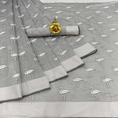 Glowing Grey Colored Casual Wear Printed Cotton Linen Saree