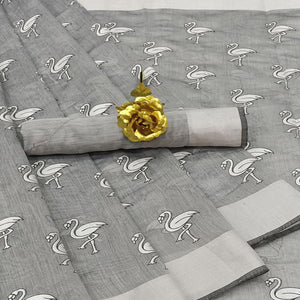 Glowing Grey Colored Casual Wear Printed Cotton Linen Saree