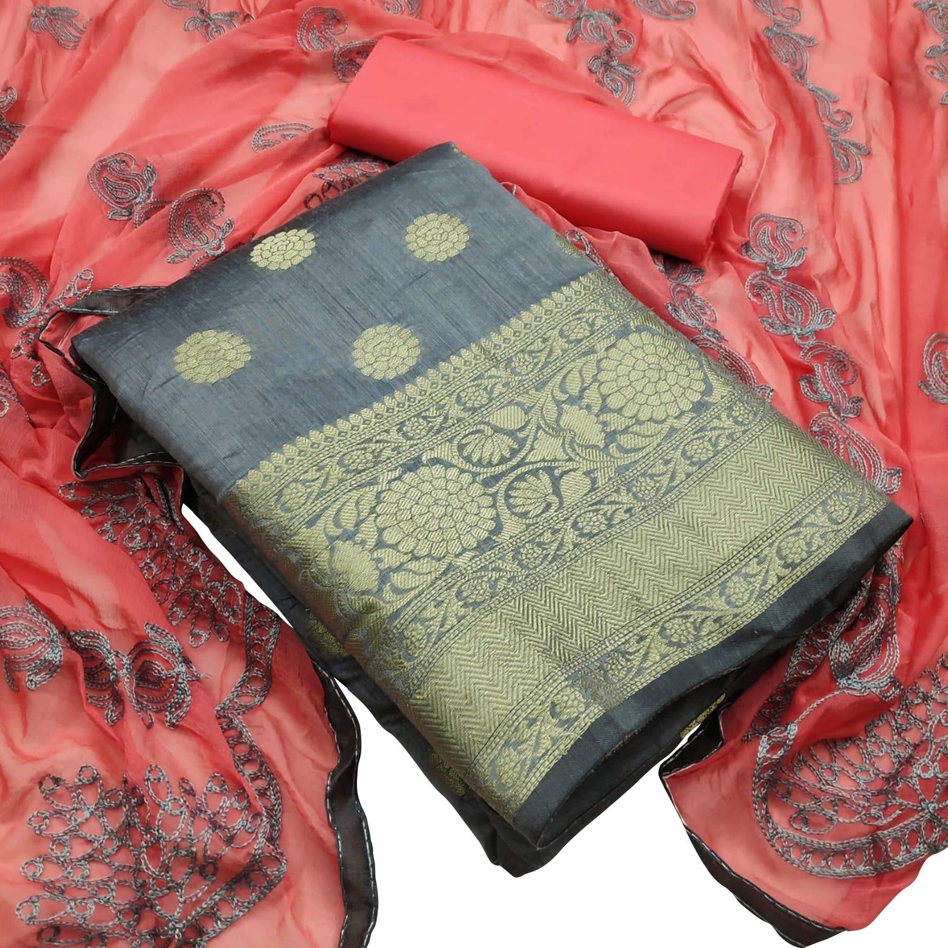 Glowing Grey Colored Casual Wear Woven Banarasi Silk Dress Material