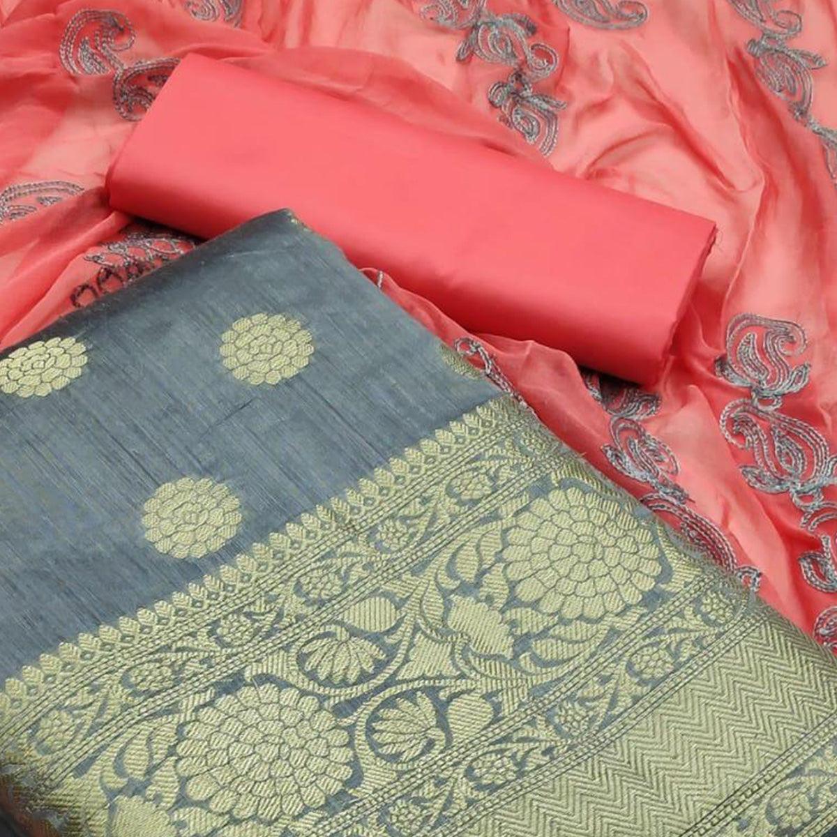 Glowing Grey Colored Casual Wear Woven Banarasi Silk Dress Material