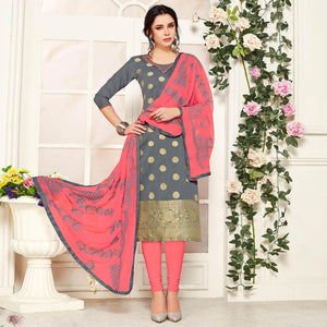Glowing Grey Colored Casual Wear Woven Banarasi Silk Dress Material