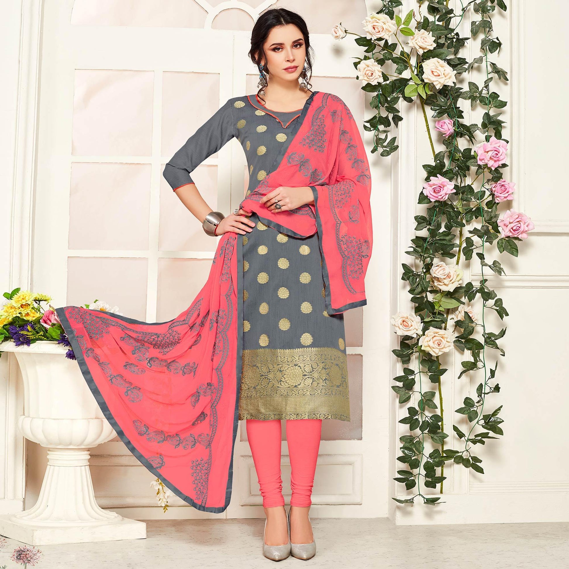 Glowing Grey Colored Casual Wear Woven Banarasi Silk Dress Material
