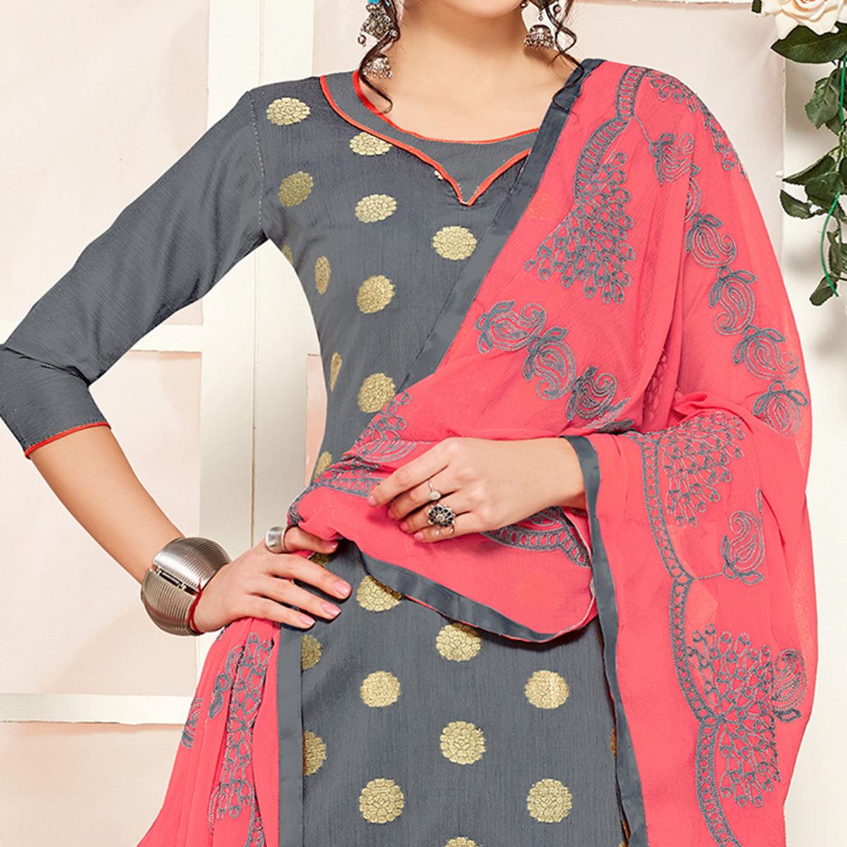 Glowing Grey Colored Casual Wear Woven Banarasi Silk Dress Material