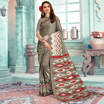 Glowing Grey Colored Festive Wear Printed Cotton Silk Saree With Tassels