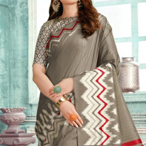 Glowing Grey Colored Festive Wear Printed Cotton Silk Saree With Tassels