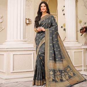 Glowing Grey Colored Festive Wear Woven Banarasi Silk Saree